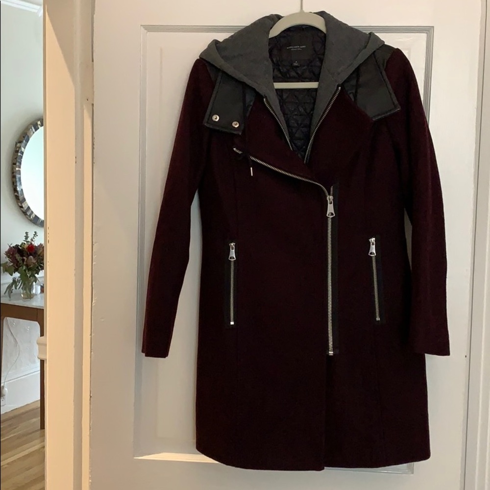 Warm burgundy coat with removable hood